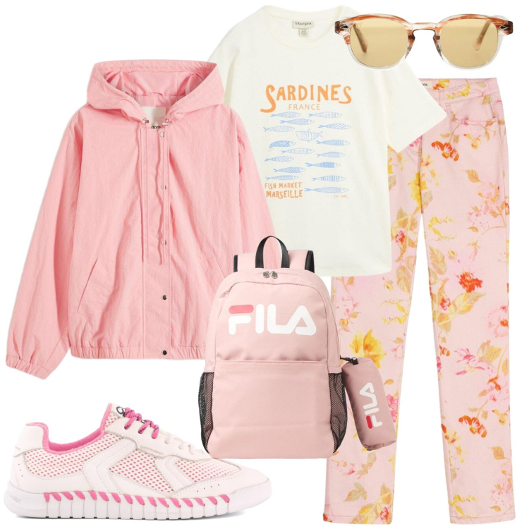 Outfit donna - Sportiva. Stile Sporty chic per Tutti i giorni. Abbinamento con occhiali da sole, zaini, pantaloni, bomber, sneakers, t-shirt.