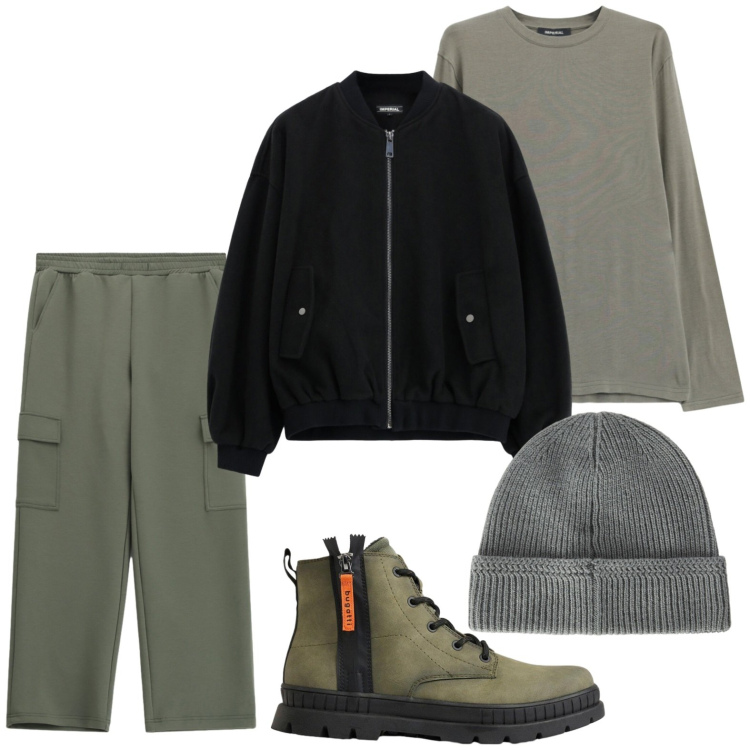 Outfit uomo - Cargo must have. Stile Casual per Tutti i giorni. Abbinamento con berretti, t-shirt, pantaloni cargo, bomber, stivali e stivaletti.