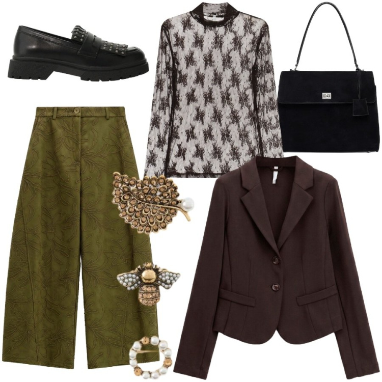 Outfit donna - Total look #2490880. Stile Chic per Serata fuori. Abbinamento con pantaloni a palazzo, t-shirt, blazer, mocassini, borse a mano, accessori per capelli.