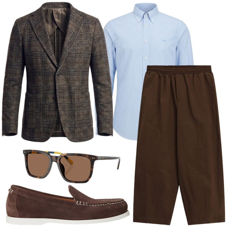 Outfit uomo - Giacca classica. Stile Casual per Ufficio. Abbinamento con giacche, camicie, pantaloni a palazzo, occhiali da sole, scarpe stringate.