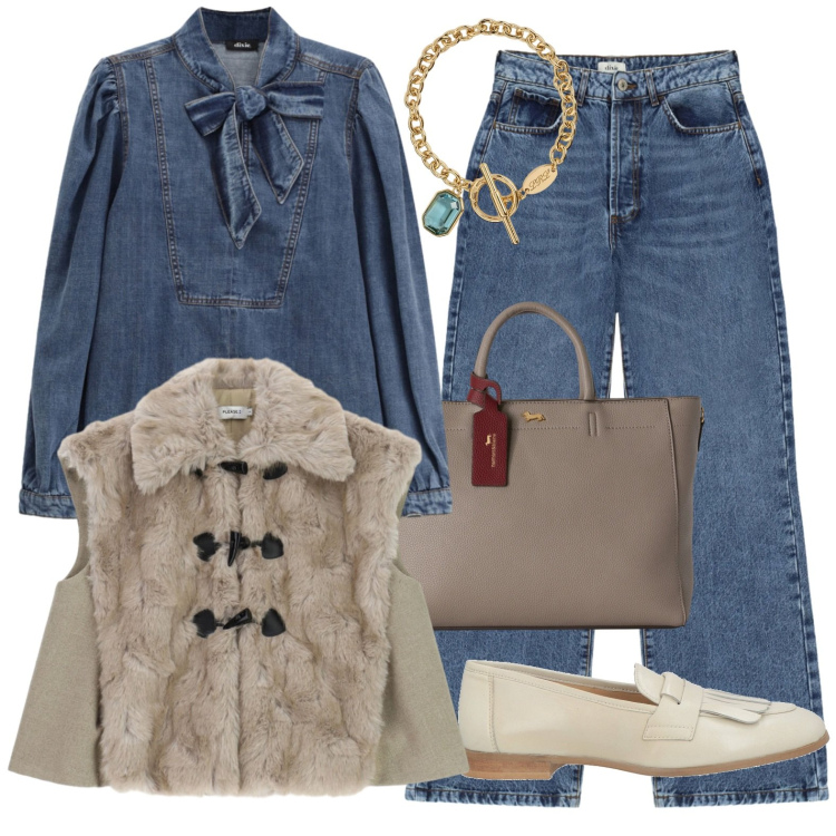 Outfit donna - Sportiva e chic. Stile Casual chic per Tutti i giorni. Abbinamento con borse a mano, braccialetti, gilet, camicie, jeans, mocassini.