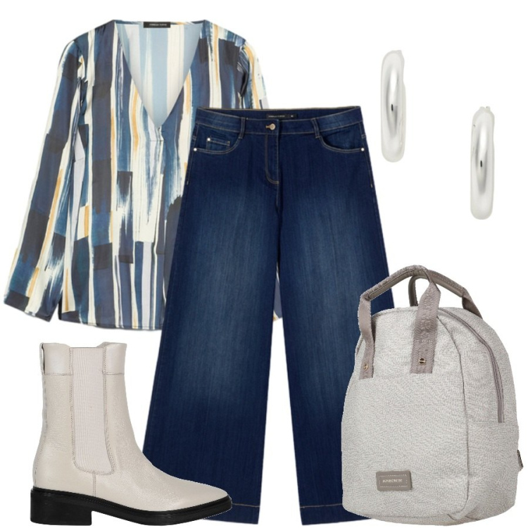 Outfit donna - Buona domenica. Stile Casual per Tutti i giorni. Abbinamento con jeans, bluse, orecchini, zaini, stivaletti chelsea.