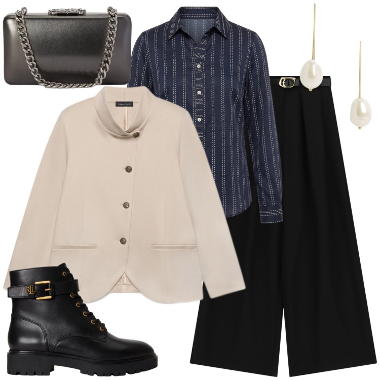 Outfit donna - Total look #2490887. Stile Casual chic per Tutti i giorni. Abbinamento con camicie, blazer, pantaloni a palazzo, orecchini, clutch, anfibi.