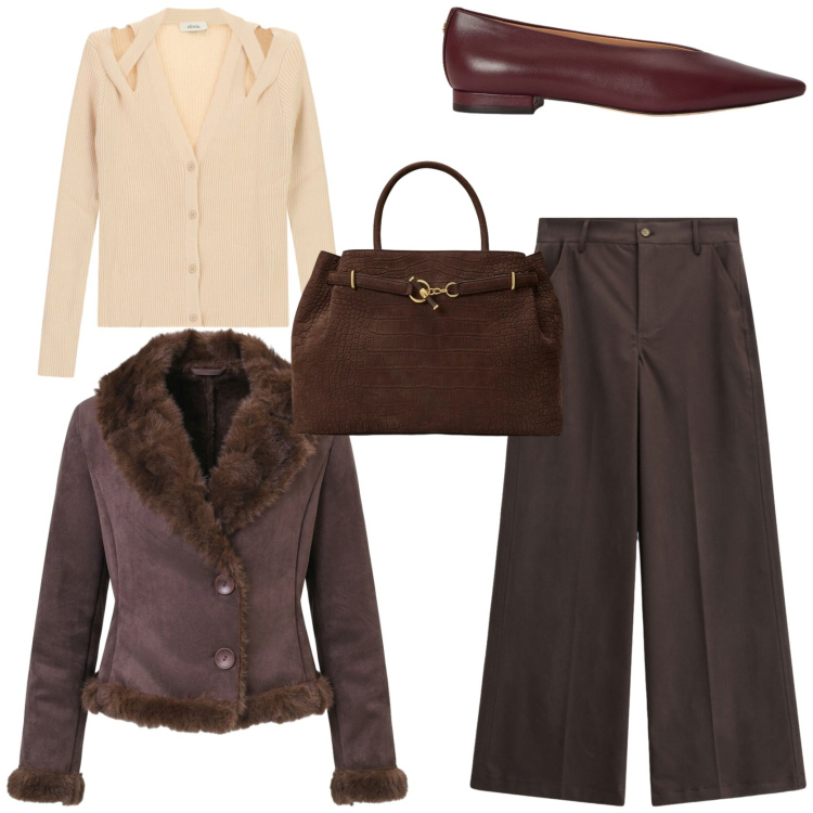Outfit donna - Look Autunnale. Stile Chic per Tutti i giorni. Abbinamento con ballerine, borse a mano, blazer, cardigans, pantaloni a palazzo.