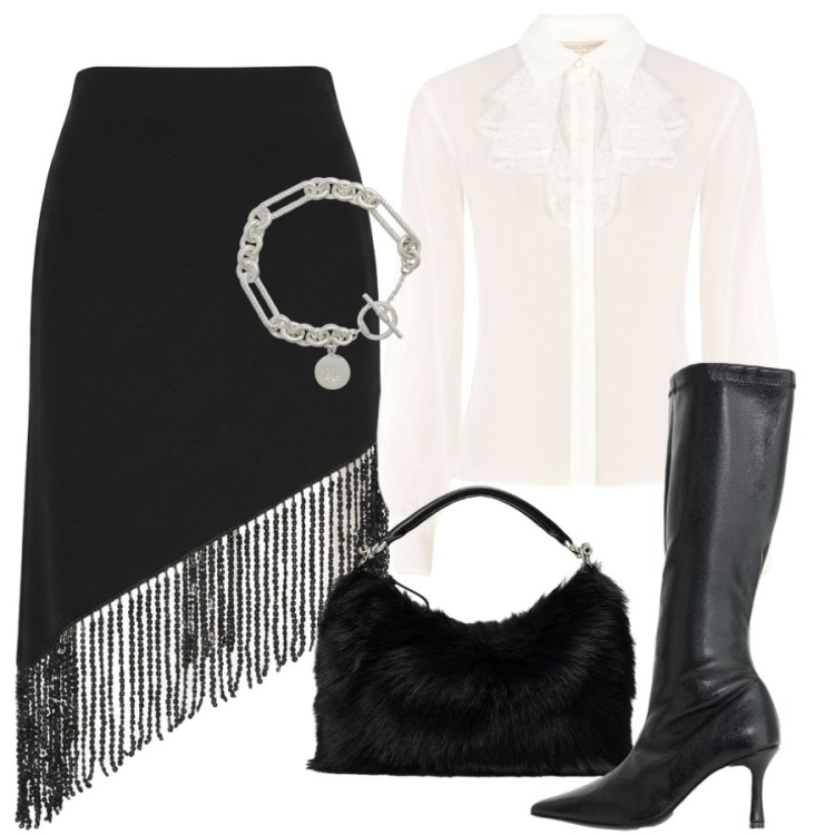 Outfit donna - Gonna con le frange. Stile Chic per Serata fuori. Abbinamento con stivali, braccialetti, borse a mano, gonne longuette, camicie.