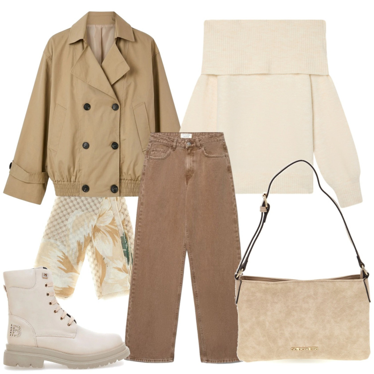 Outfit donna - Total look #2490899. Stile Casual chic per Ufficio. Abbinamento con jeans, trench, maglieria, anfibi, borse a tracolla, foulard.