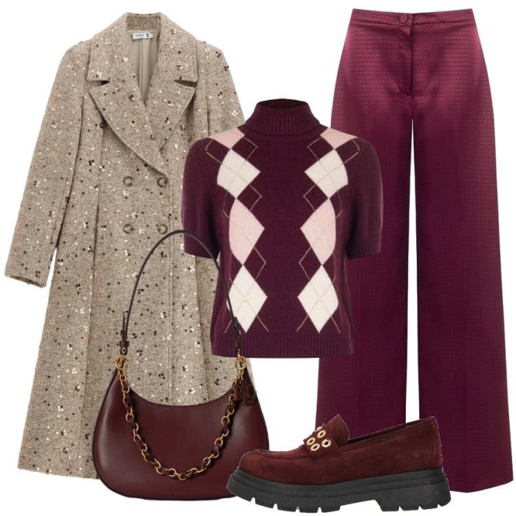 Outfit donna - Il cappotto. Stile Casual chic per Ufficio. Abbinamento con borse a spalla, cappotti, pantaloni a palazzo, maglieria, mocassini.