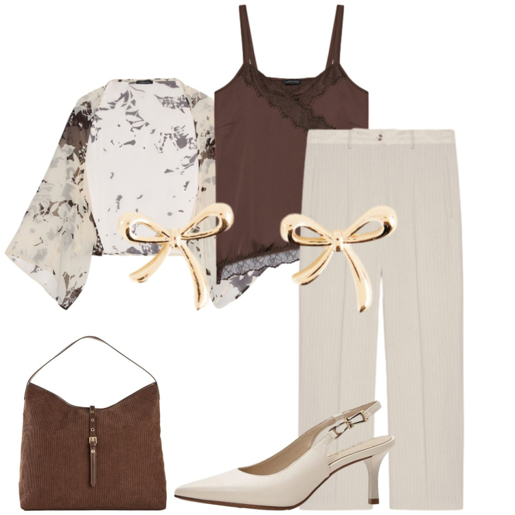 Outfit donna - Total look #2490903. Stile Chic per Serata fuori. Abbinamento con pantaloni, top, bolero, shopping bag, décolleté, orecchini.
