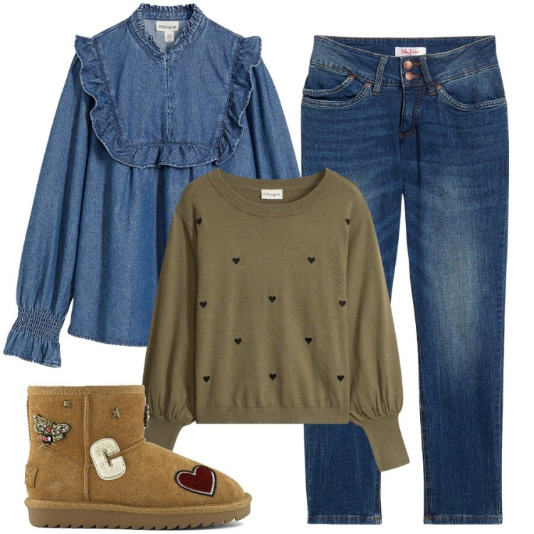 Outfit donna - Cuoricini. Stile Casual per Tutti i giorni. Abbinamento con maglieria, jeans mom, stivali, camicie.