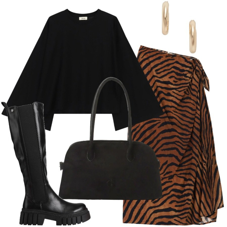Outfit donna - Con grinta. Stile Trendy per Serata fuori. Abbinamento con orecchini, t-shirt, borse a spalla, gonne longuette, stivali.