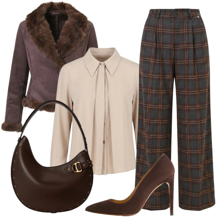 Outfit donna - Caffé e cioccolato. Stile Sexy per Ufficio. Abbinamento con décolleté, borse a spalla, camicie, pantaloni a palazzo, blazer.