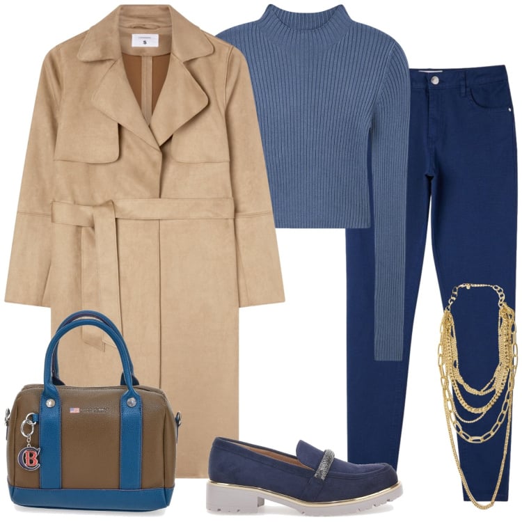 Outfit donna - Trench oversize. Stile Casual chic per Tutti i giorni. Abbinamento con collane, pullovers, trench, pantaloni skinny, mocassini, borse a mano.