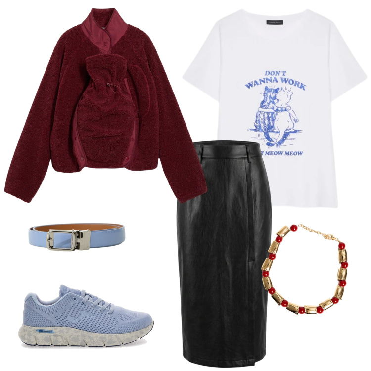 Outfit donna - Mamma on the go. Stile Glamour per Tutti i giorni. Abbinamento con cinture, t-shirt, collane, gonne longuette, sneakers, blazer.