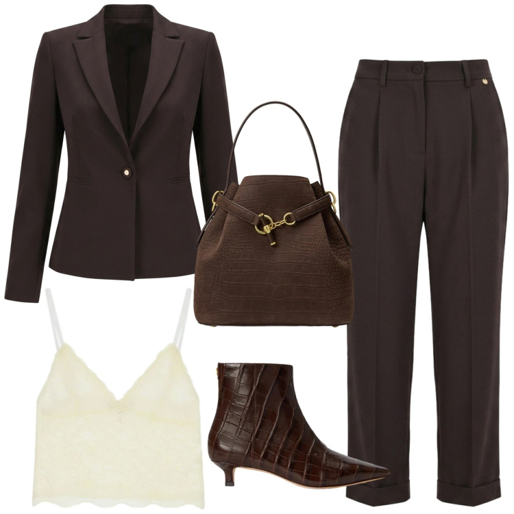 Outfit donna - Tailleur d' autunno. Stile Trendy per Tutti i giorni. Abbinamento con borse a secchiello, stivaletti, top, blazer, pantaloni.
