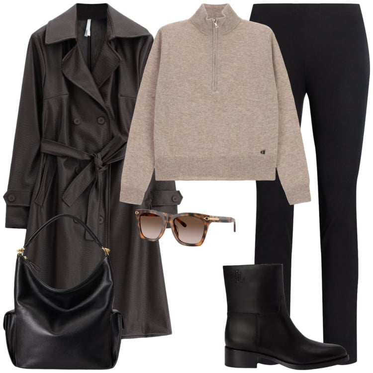 Outfit donna - Trench oversize scuro. Stile Casual chic per Tutti i giorni. Abbinamento con trench, occhiali da sole, stivaletti, borse a spalla, pantaloni skinny, pullovers.