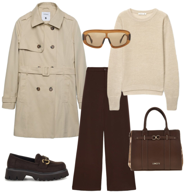 Outfit donna - Intramontabile trench anche con il sole. Stile Urban per Tutti i giorni. Abbinamento con occhiali da sole, trench, pantaloni a palazzo, maglieria, borse a tracolla, mocassini.