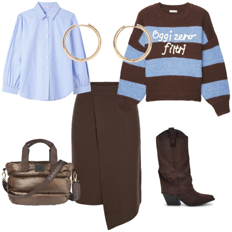 Outfit donna - Autunno. Stile Casual per Tutti i giorni. Abbinamento con borse a tracolla, gonne, maglieria, camicie, orecchini, stivali.