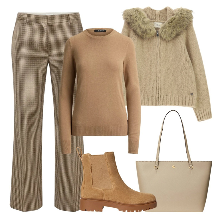 Outfit donna - Il freddo si fa sentire. Stile Basic per Serata fuori. Abbinamento con pantaloni, borse tote, stivaletti, maglieria, cardigans.