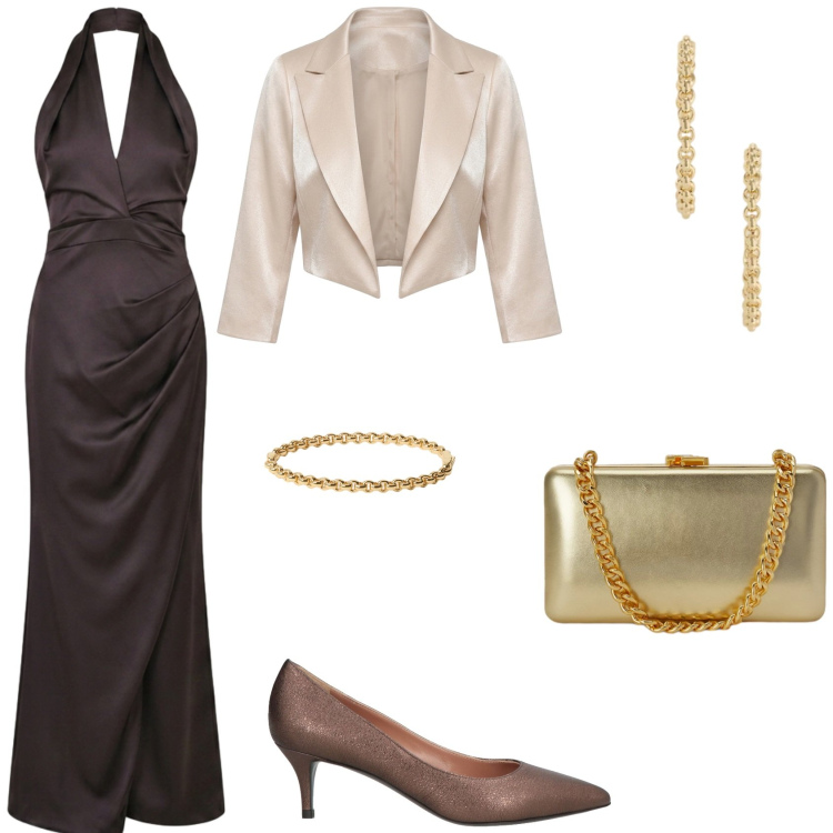 Outfit donna - Cerimonia in total brown!. Stile Chic per Cerimonia. Abbinamento con clutch, orecchini, braccialetti, vestiti lunghi, bolero, décolleté.