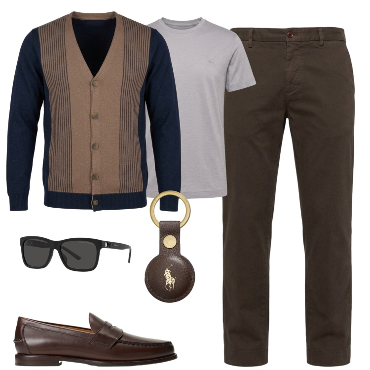 Outfit uomo - In ufficio. Stile Business/Elegante per Ufficio. Abbinamento con cardigans, t-shirt, pantaloni, scarpe stringate, occhiali da sole, portachiavi.