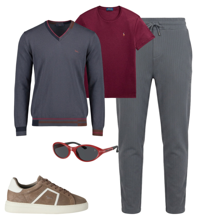 Outfit uomo - City. Stile Urban per Tutti i giorni. Abbinamento con pantaloni, sneakers, maglieria, occhiali da sole, t-shirt.