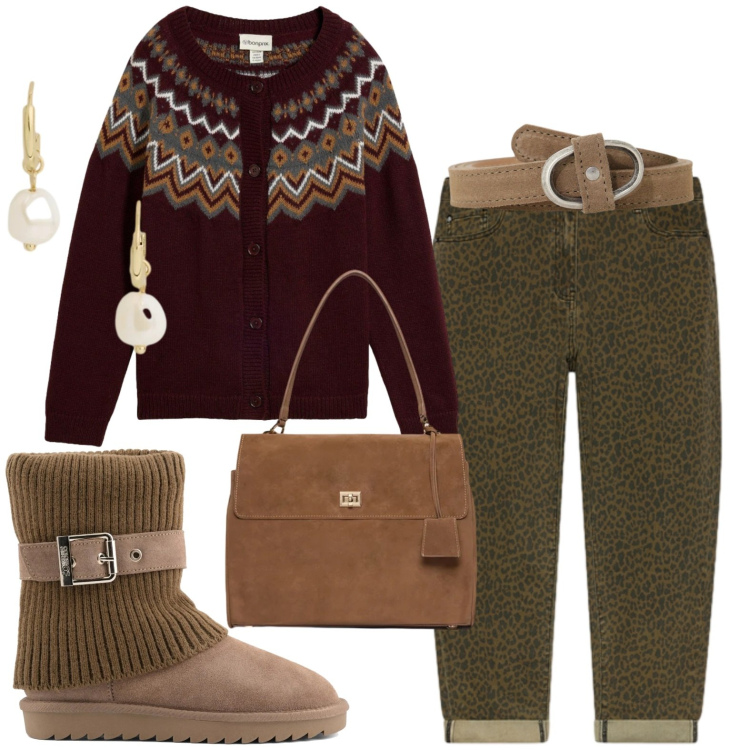 Outfit donna - Stampa sempre attuale. Stile Casual per Tutti i giorni. Abbinamento con jeans, borse a mano, orecchini, cinture, stivaletti, cardigans.