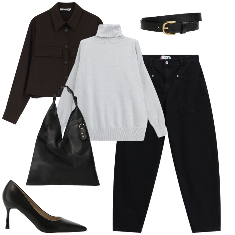 Outfit donna - Ottobre. Stile Urban per Tutti i giorni. Abbinamento con borse a spalla, décolleté, pantaloni, pullovers, cappotti, cinture.