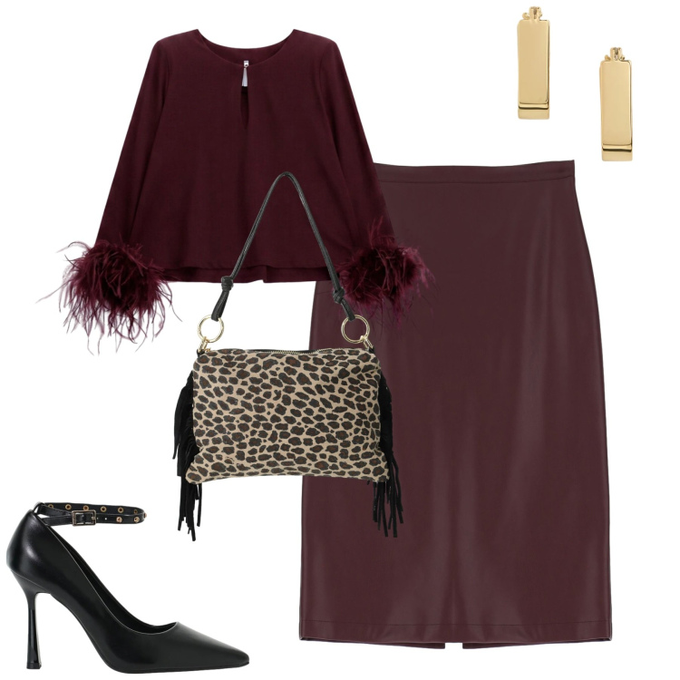 Outfit donna - Serata. Stile Glamour per Serata fuori. Abbinamento con décolleté, bluse, borse a spalla, orecchini, gonne longuette.