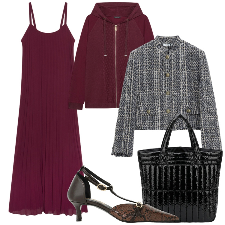 Outfit donna - Mix & match autunnale. Stile Trendy per Tutti i giorni. Abbinamento con décolleté, vestiti lunghi, felpe con cappuccio, cappotti, borse a mano.