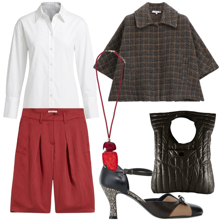 Outfit donna - Pantalone corto versione ufficio. Stile Chic per Ufficio. Abbinamento con ciondoli, cappotti, camicie, décolleté, borse a mano, bermuda.