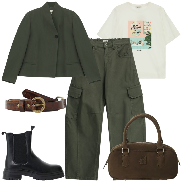 Outfit donna - Urban rebel. Stile Urban per Tutti i giorni. Abbinamento con stivaletti chelsea, borse a mano, cinture, blazer, t-shirt, pantaloni cargo.