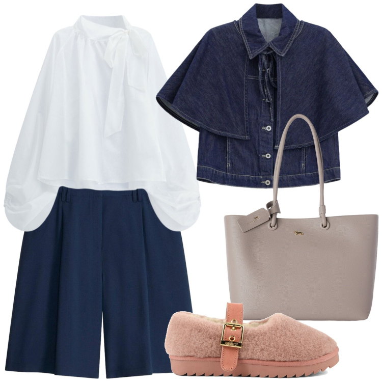 Outfit donna - Bermuda e giacca in denim particolare. Stile Trendy per Tutti i giorni. Abbinamento con shopping bag, bluse, blazer, bermuda, ballerine.