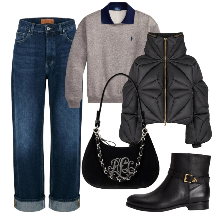 Outfit donna - Casual. Stile Casual chic per Tutti i giorni. Abbinamento con stivaletti, borse a spalla, felpe, jeans dritti, piumini.