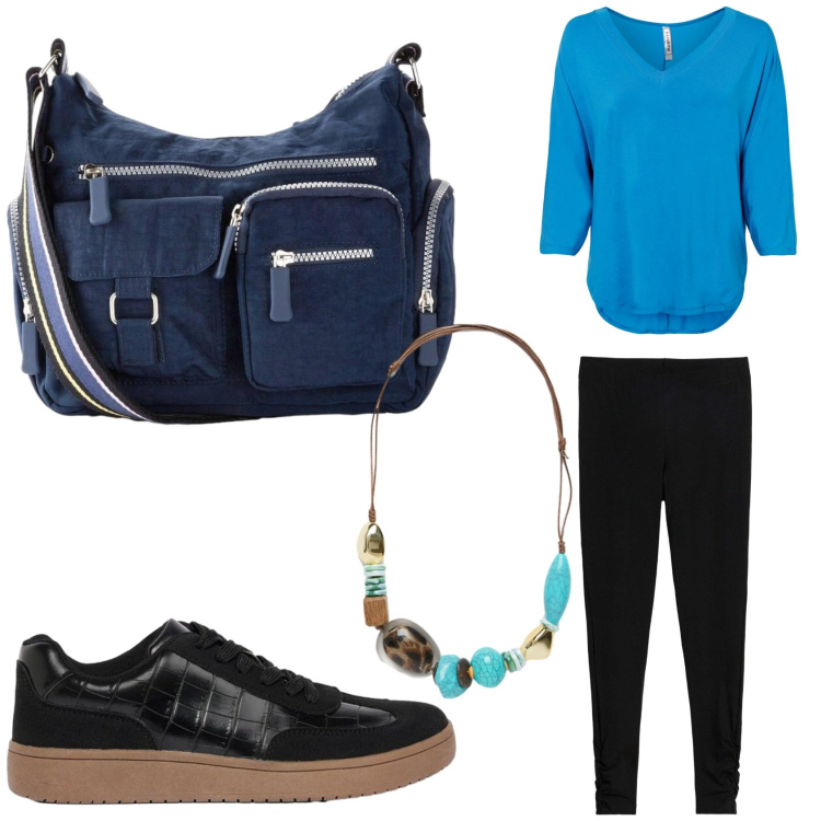 Outfit donna - Nero e celeste. Stile Basic per Tutti i giorni. Abbinamento con collane, borse a tracolla, maglieria, leggings, sneakers.