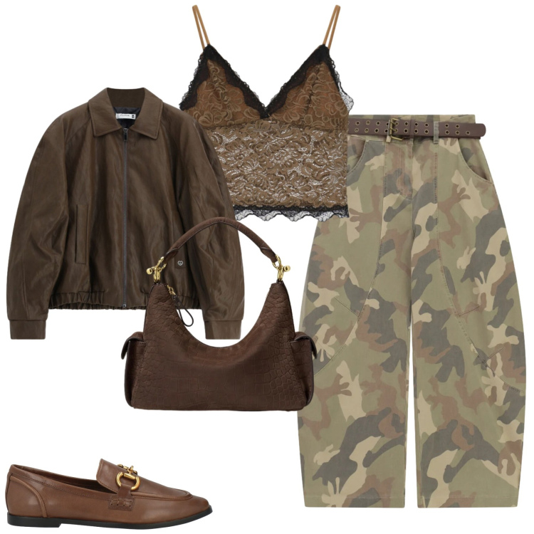 Outfit donna - Ottobre. Stile Urban per Tutti i giorni. Abbinamento con borse a spalla, giacche, top, pantaloni a palazzo, mocassini.