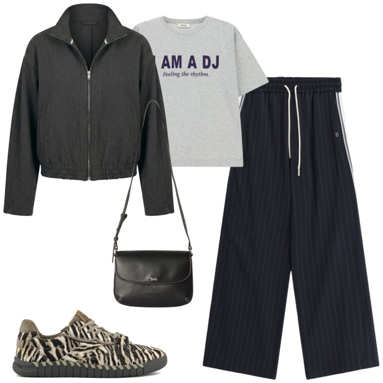 Outfit donna - Ottobre. Stile Casual chic per Tutti i giorni. Abbinamento con borse a tracolla, bomber, pantaloni a palazzo, t-shirt, sneakers.