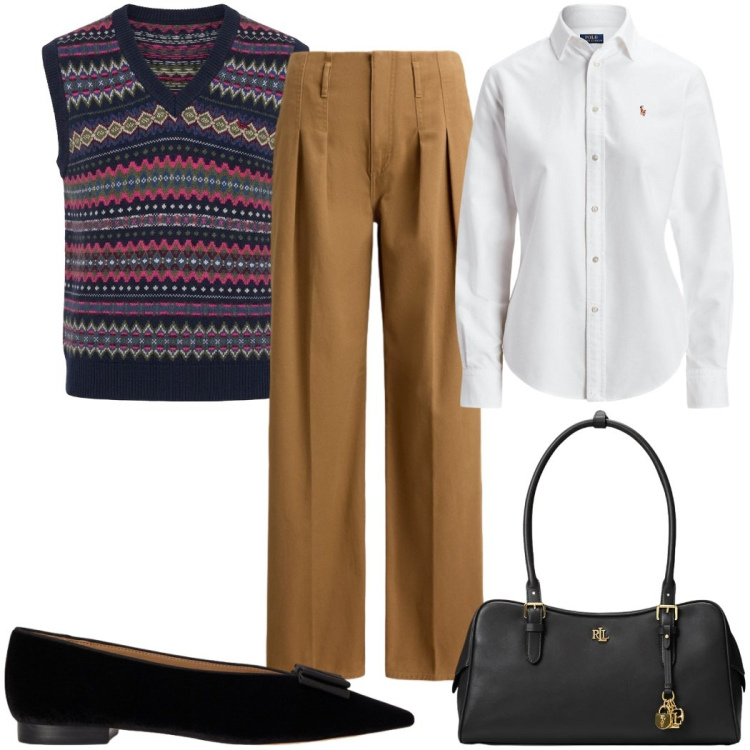Outfit donna - Total look #2490984. Stile Mannish per Ufficio. Abbinamento con maglieria, camicie, borse a mano, pantaloni, ballerine.