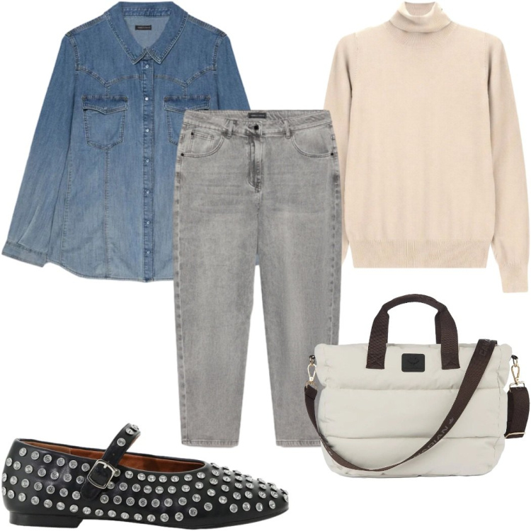 Outfit donna - Total look #2490990. Stile Casual per Tutti i giorni. Abbinamento con jeans mom, camicie, pullovers, ballerine, borse tote.