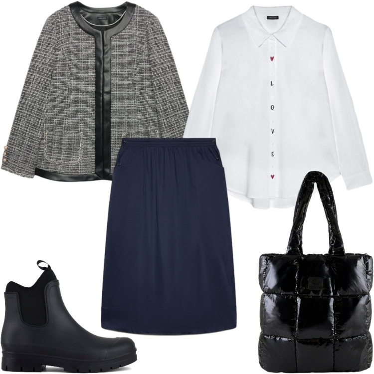 Outfit donna - Total look #2490991. Stile Trendy per Tutti i giorni. Abbinamento con blazer, gonne lunghe, camicie, shopping bag, stivali.