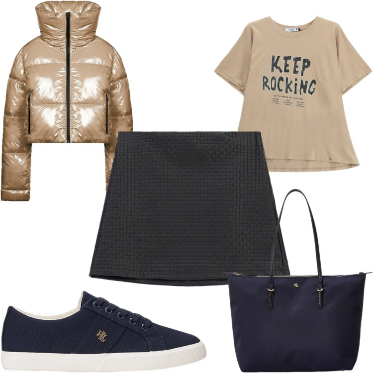 Outfit donna - Total look #2491003. Stile Basic per Tutti i giorni. Abbinamento con borse tote, sneakers, t-shirt, minigonne, piumini.