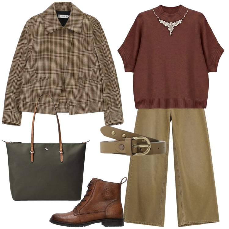 Outfit donna - Total look #2491006. Stile Preppy per Scuola/Università. Abbinamento con maglieria, pantaloni a palazzo, cappotti, borse tote, cinture, anfibi.