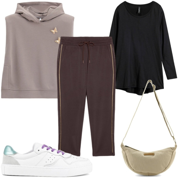 Outfit donna - Total look #2491007. Stile Basic per Tutti i giorni. Abbinamento con felpe con cappuccio, pantaloni, borse a tracolla, maglieria, sneakers.