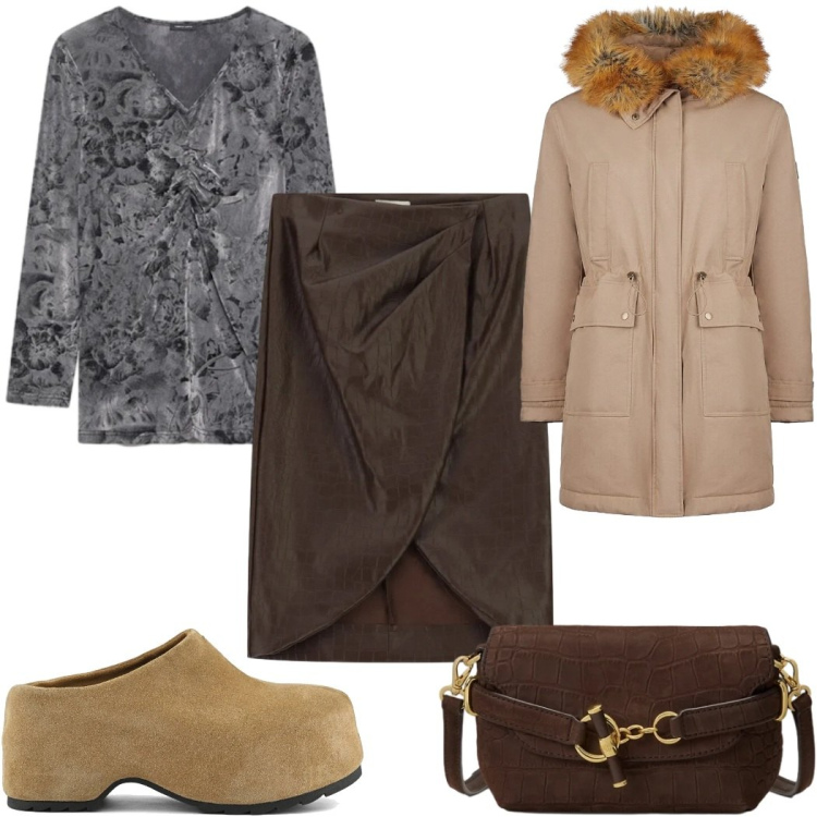 Outfit donna - Total look #2491012. Stile Trendy per Tutti i giorni. Abbinamento con t-shirt, borse a spalla, gonne longuette, parka, zoccoli.