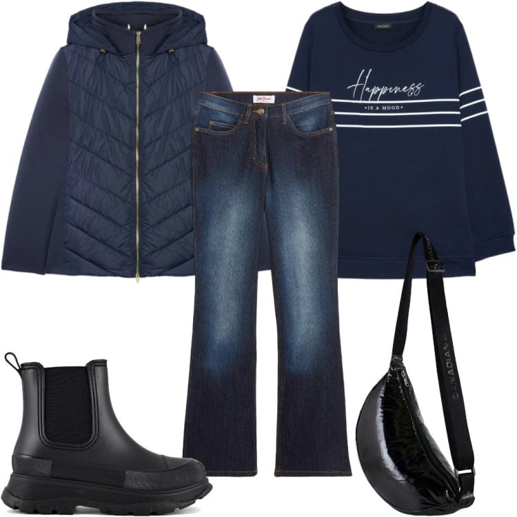 Outfit donna - Total look #2491016. Stile Casual per Tutti i giorni. Abbinamento con piumini, felpe, borse a tracolla, jeans bootcut, stivali.