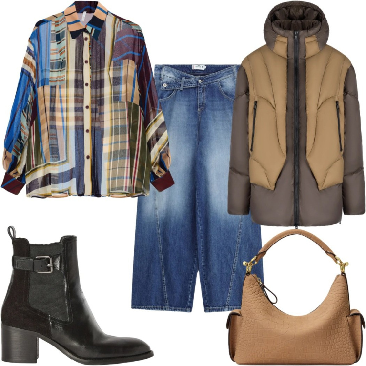 Outfit donna - Total look #2491017. Stile Casual per Tutti i giorni. Abbinamento con stivaletti, camicie, borse a spalla, jeans, piumini.