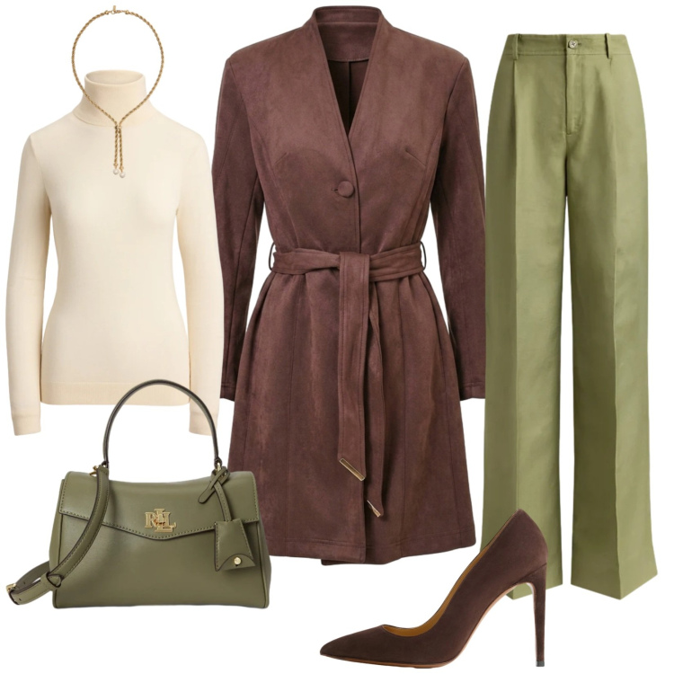 Outfit donna - Femminile con il trench. Stile Chic per Ufficio. Abbinamento con borse a mano, pantaloni, pullovers, décolleté, collane, trench.