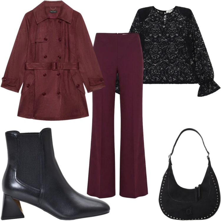 Outfit donna - Total look #2491019. Stile Trendy per Tutti i giorni. Abbinamento con trench, bluse, stivaletti, pantaloni a palazzo, borse a spalla.
