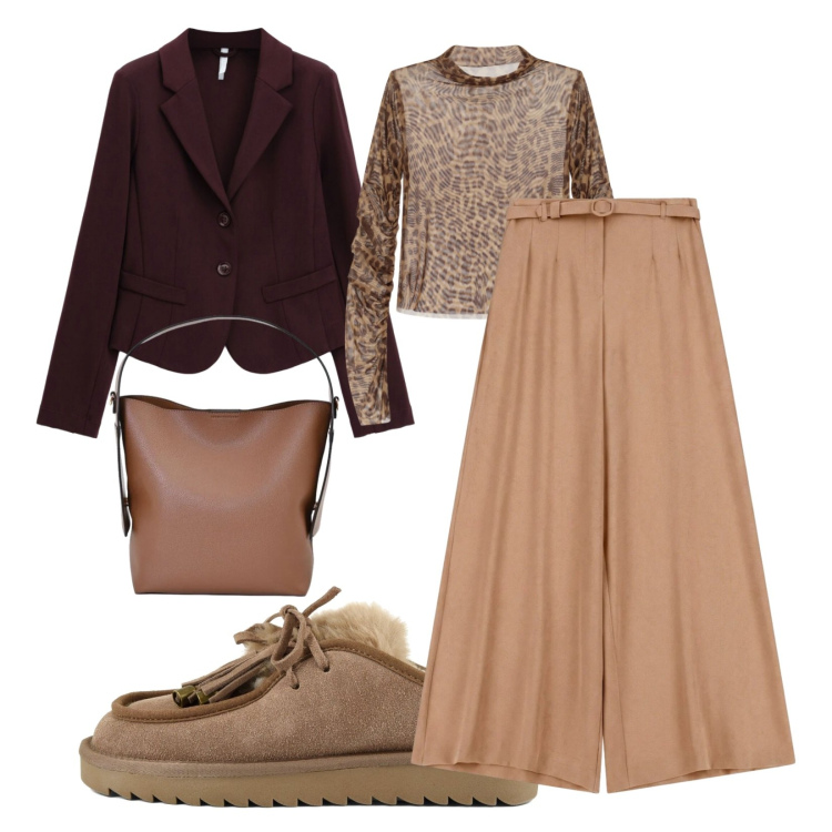 Outfit donna - Nuance marrone. Stile Urban per Ufficio. Abbinamento con blazer, pantaloni a palazzo, top, borse a mano, sabot.