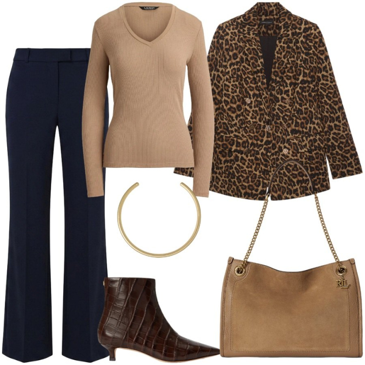 Outfit donna - Total look #2491036. Stile Chic per Serata fuori. Abbinamento con blazer, borse tote, collane, stivaletti, maglieria, pantaloni.
