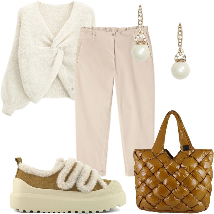 Outfit donna - Total look #2491039. Stile Trendy per Tutti i giorni. Abbinamento con maglieria, pantaloni, orecchini, borse tote, sneakers.
